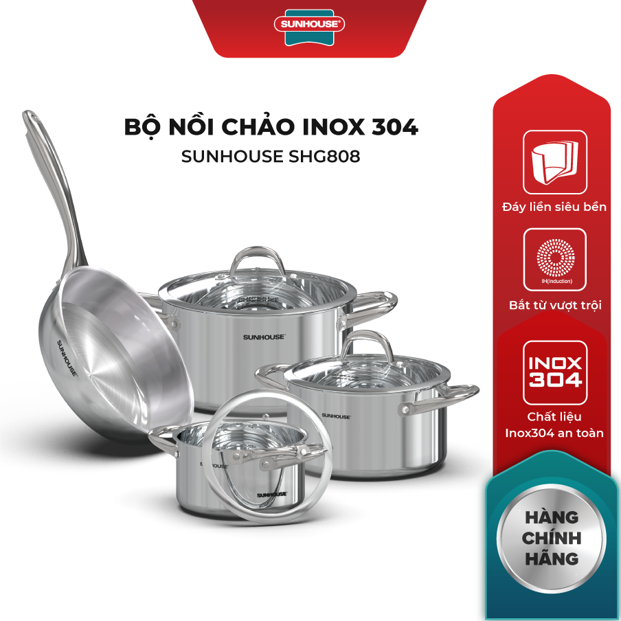 Bộ Nồi Chảo Inox 304 Đáy Liền Sunhouse SHG808