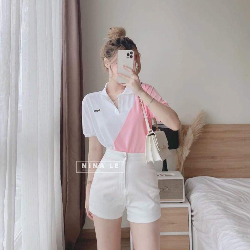 Áo thun cổ bẻ phối màu hồng - be dễ thương
