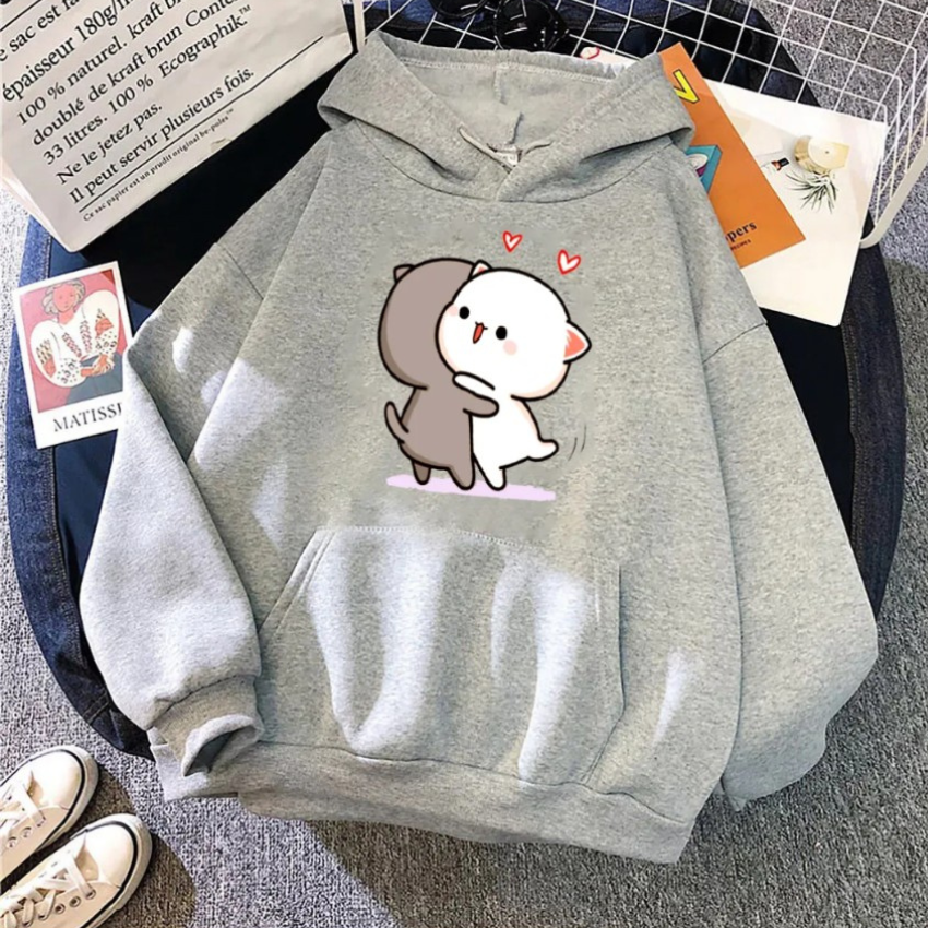 Áo Nỉ Nữ Form Rộng LM01, Áo Nỉ Có Mũ In Hai Mèo Ôm Nhau Dễ Thương