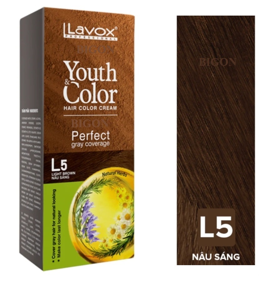 Nâu Cà Phê(Nâu Sáng L5) - Kem Nhuộm Dưỡng Tóc Phủ Bạc Lavox Youth&amp;Color L5 - Màu Nâu Cà Phê (Mẫu Cũ Nâu Sáng)