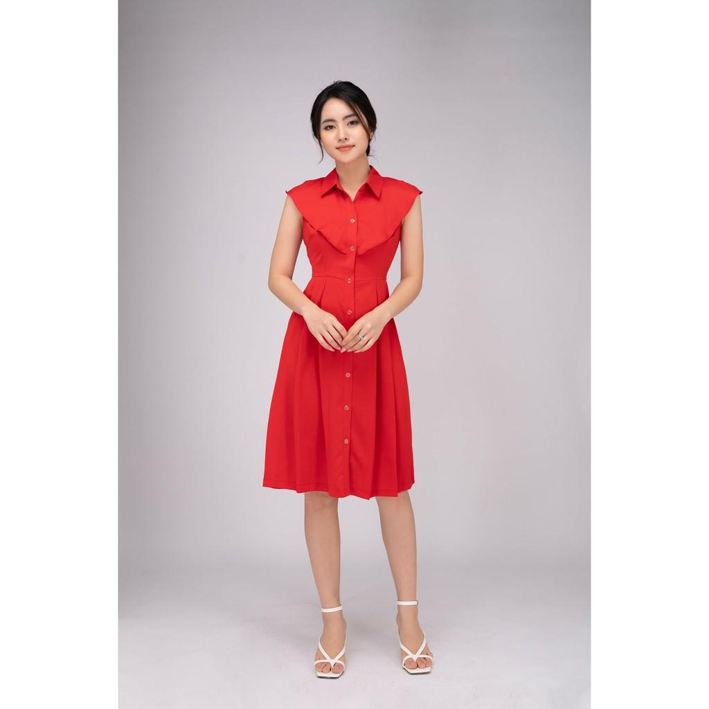 Đầm nữ cổ sơ mi vạt vai cách điệu, đầm nữ xếp ly phối cúc trước TKFASHION DK903