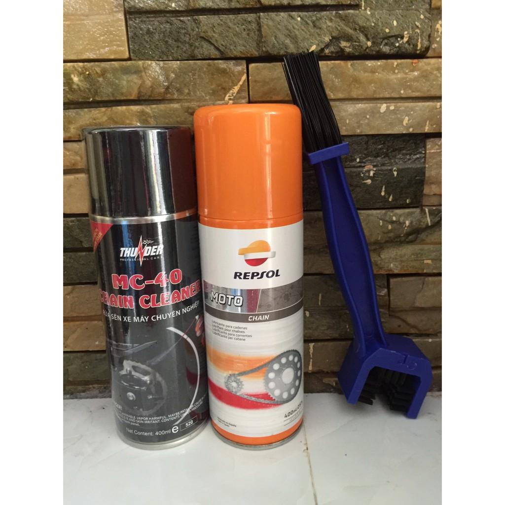 Combo 3 sản phẩm bảo dưỡng sên Repsol Chain Lube 400ml, Thunder rửa sên MC-40 400ml và bàn chải vệ sinh sên