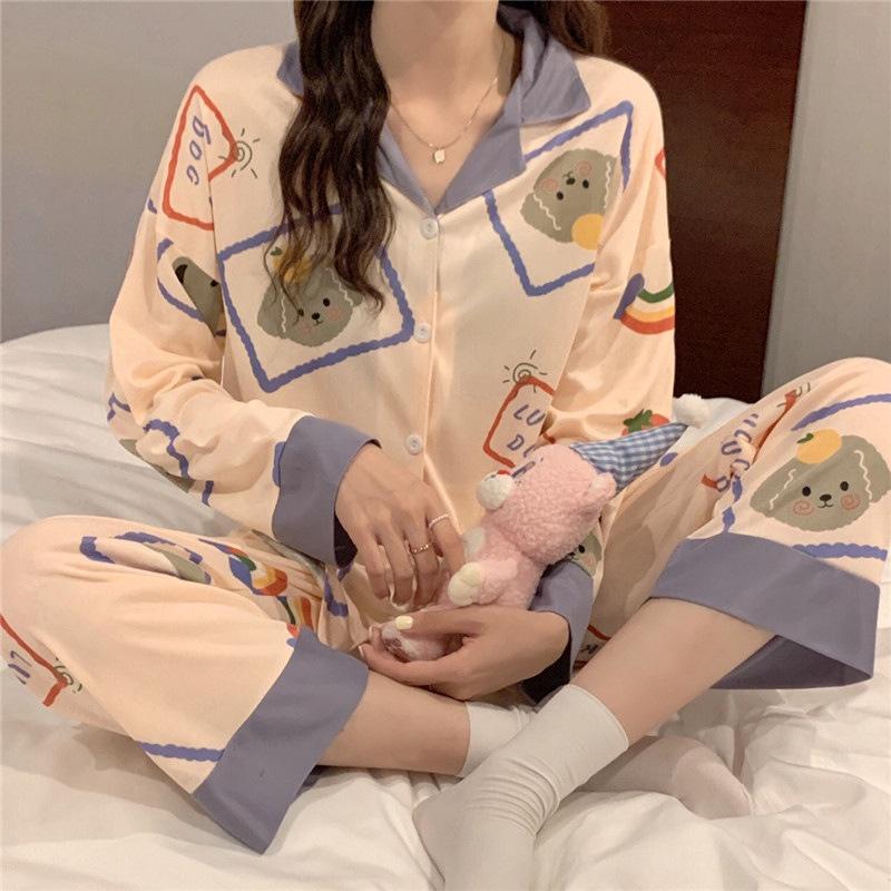 Bộ Pijama Nữ MỚI 2021 Bộ Đồ Ngủ Bộ Mặc Nhà Pijama Quần Dài Tay Dài Thu Đông Chất Mềm Mịn Mặc Thoải Mái Họa Tiết Cute