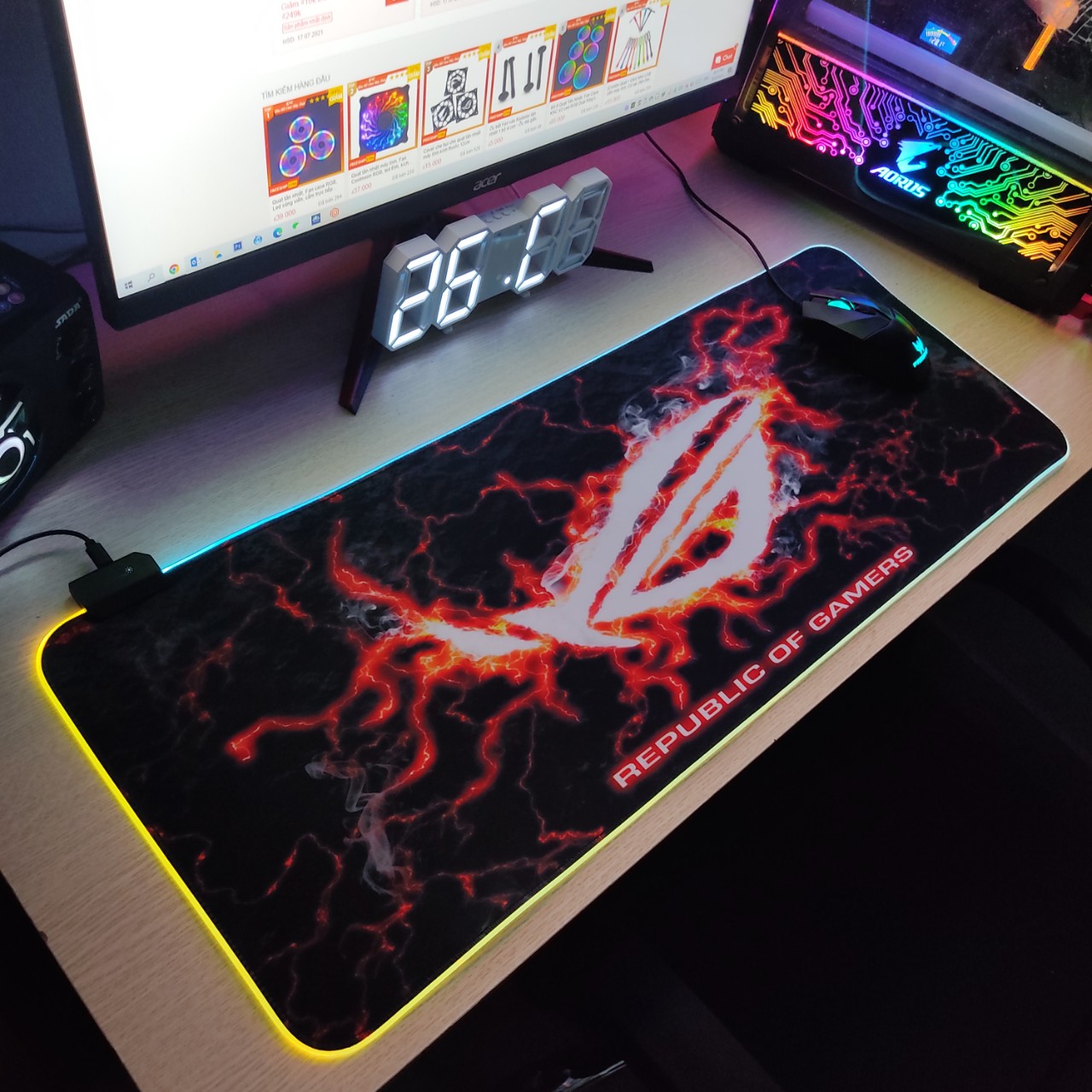 Mouse Pad, bàn di chuột, lót di chuột tích hợp Led RGB sáng viền,phiên bản ROG số 3 kích thước 80cm x 30cm dày 4mm - Hàng nhập khẩu