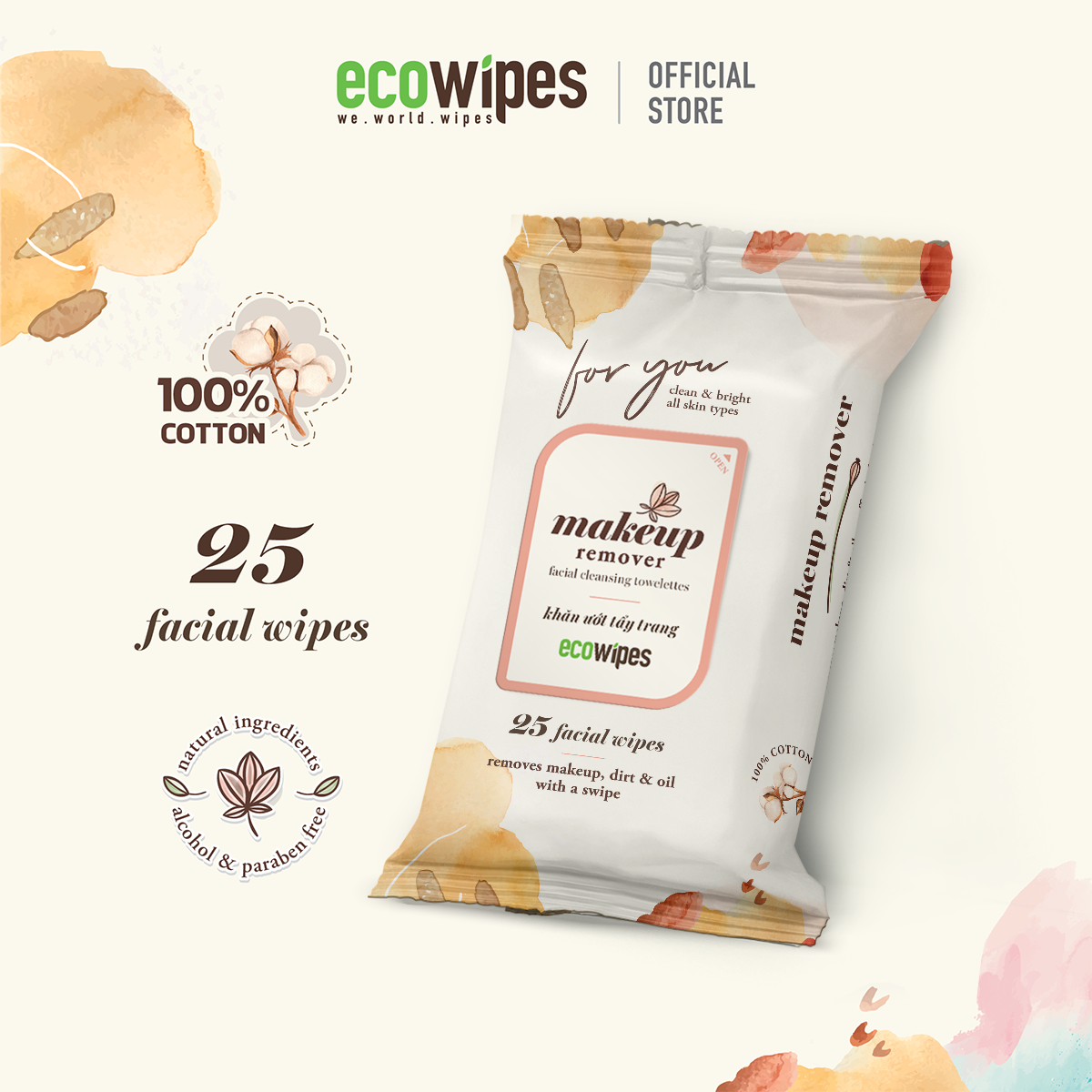 Combo 10 gói khăn giấy ướt tẩy trang Makeup Remover Ecowipes gói 25 tờ làm sạch lớp trang điểm nhanh chóng