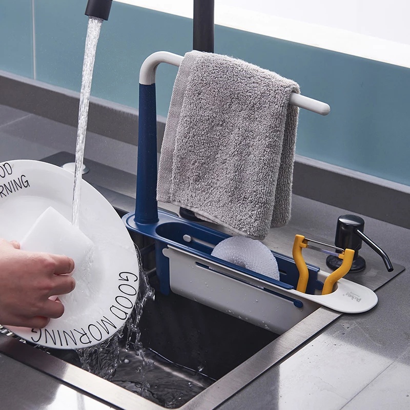 GIỎ NHỰA CO GIÃN ĐA NĂNG GÁC BỒN RỬA BÁT ĐỰNG GIẺ RỬA BÁT, DỤNG CỤ LẶT VẶT NHÀ BẾP RÁO NƯỚC CÓ KÈM GIÁ PHƠI KHĂN TAY THÔNG MINH, CHẤT LIỆU 100% NHỰA PP CAO CẤP CÓ RÃNH THOÁT NƯỚC