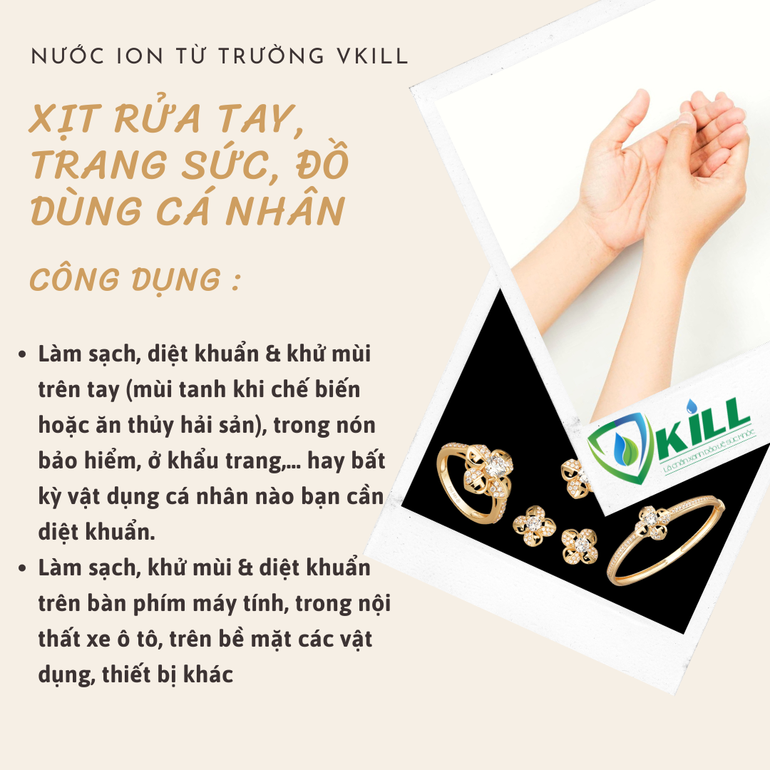 Nước rửa tay đánh bóng trang sức vàng bạc Vkill 250ml khử khuẩn làm sạch nhanh với ion từ trường