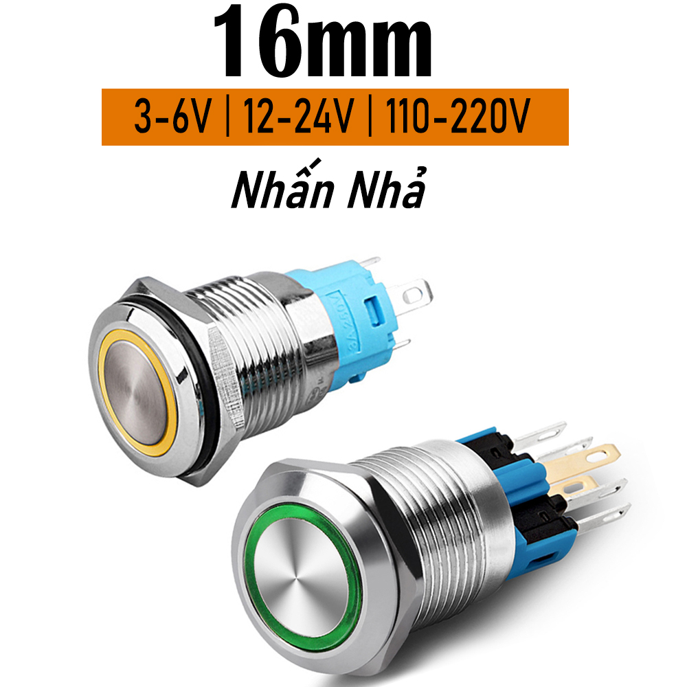 Nút công tắc, Nút nguồn Nhấn nhả, Nhấn đề 16mm (3-6V, 12-24V, 110-220V) Vỏ INOX chống nước