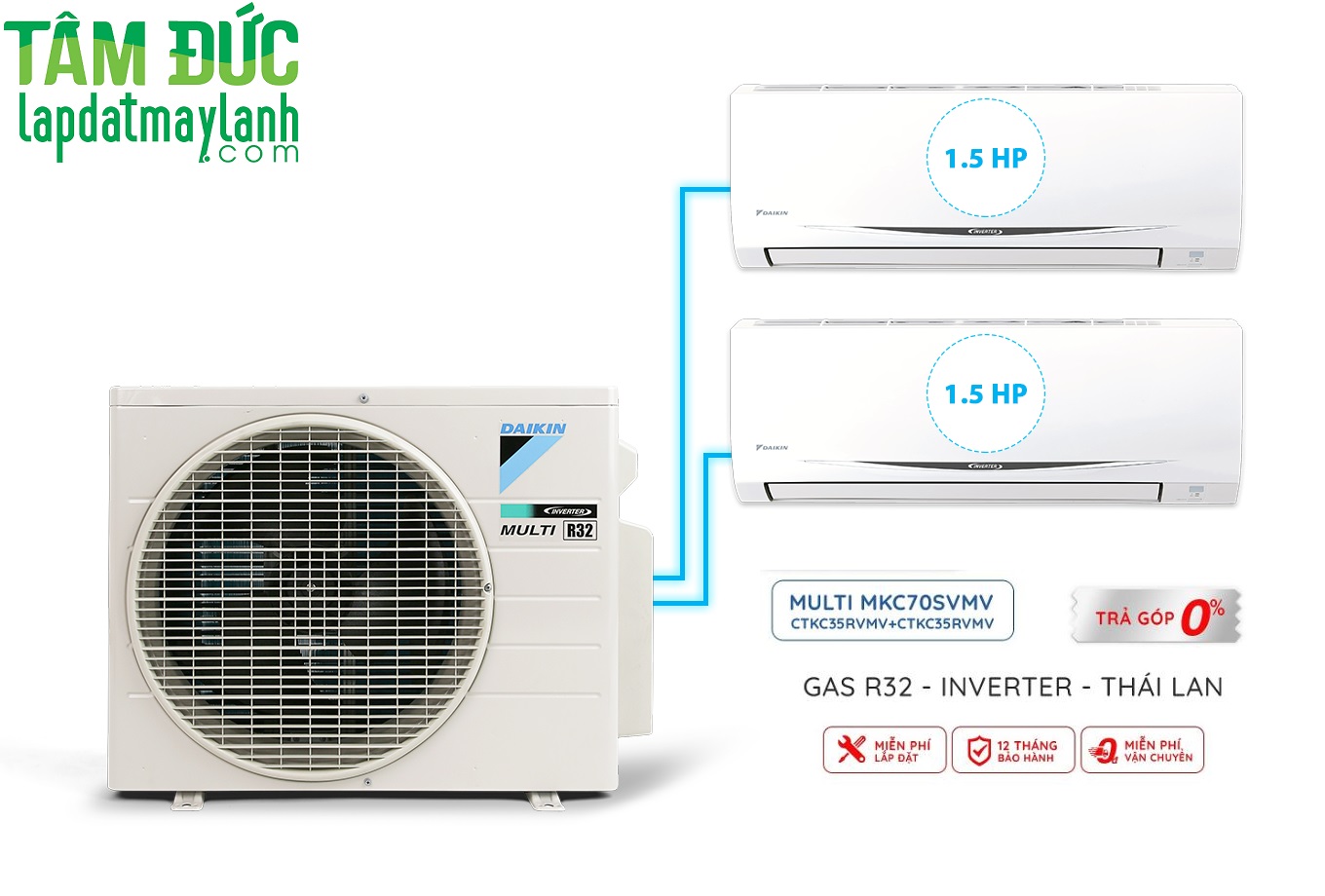 Hệ Thống Máy Lạnh Multi S Daikin Inverter Combo 3HP + 02 dàn lạnh 1.5HP - MKC70SVMV/CTKC35RVMV+CTKC35RVMV - Hàng Chính Hãng - Chỉ giao tại TP.HCM