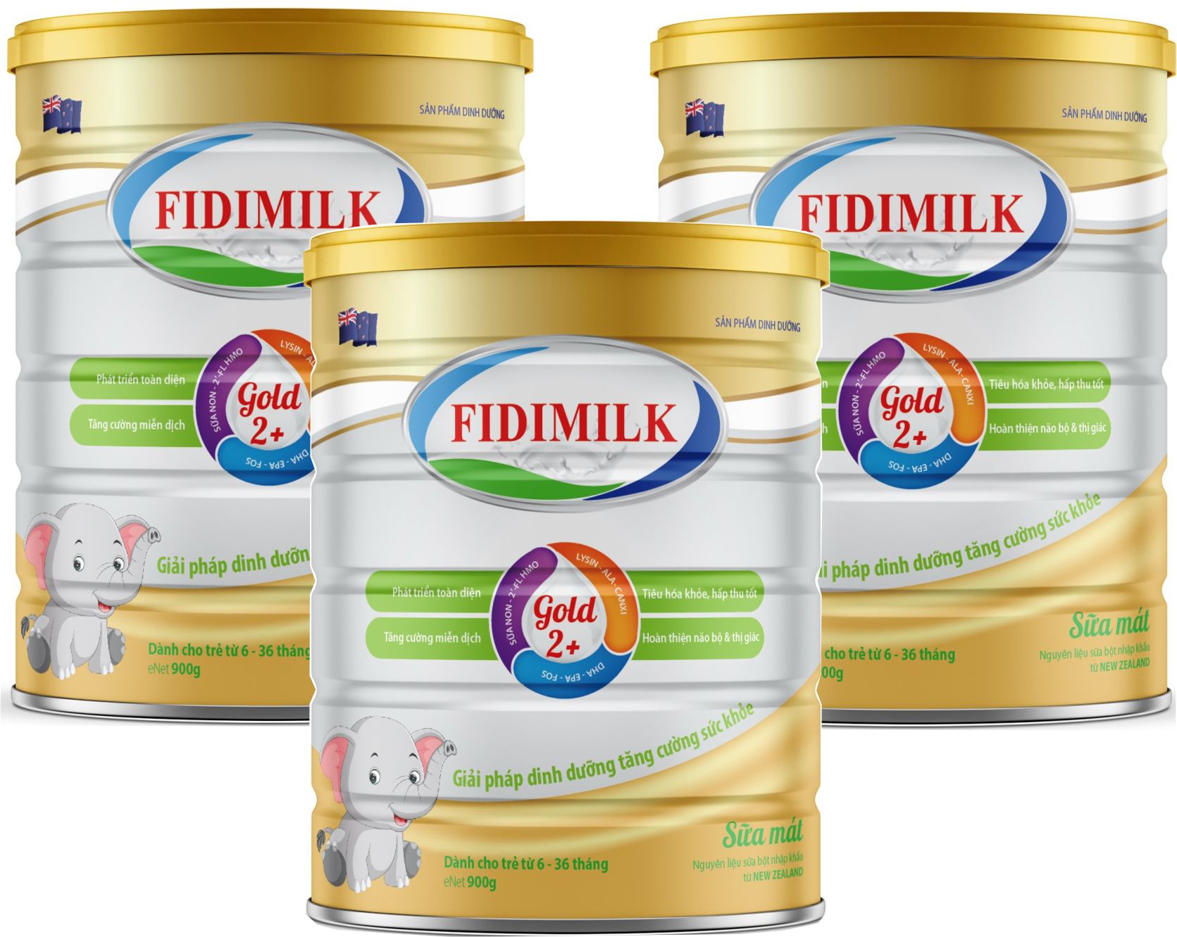 Combo 3 lon Sữa công thức FIDIMILK GOLD 2+ lon 900g - Dinh dưỡng phát triển toàn diện, Dành cho bé 6-36 tháng tuổi.