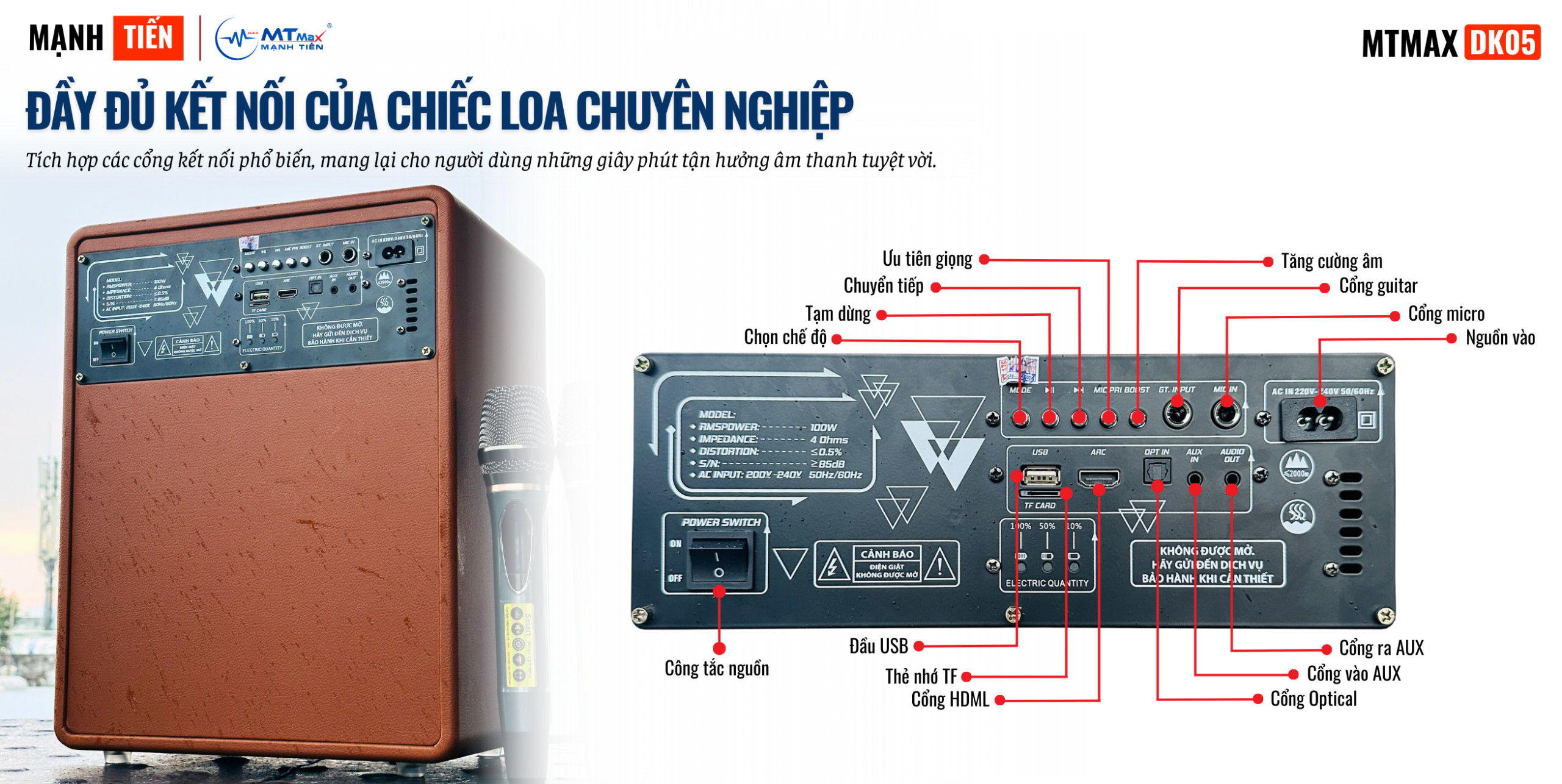 Siêu Phẩm MTMAX DK05, Loa Di Động Làm Siêu Lòng Bao Nhiêu Con Tim, Trang Bị 2 Bass, 2 Treble Đầy Đủ Kết Nối Bluetooth, HDMI, Optical, Cổng Guitar, Cổng Micro, TF hàng chính hãng