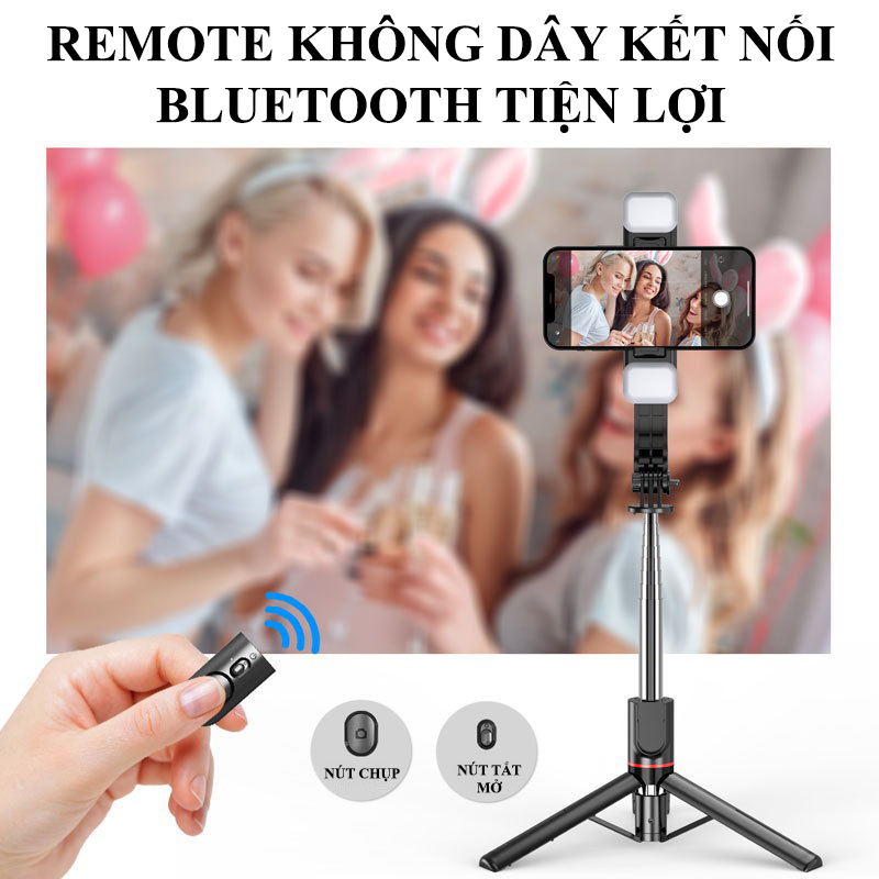 Gậy chụp ảnh selfie gấp gọn tích hợp tripod 3 chân có thể kéo dài đến 1160mm với 2 đèn led hỗ trợ ánh sáng và remote không dây