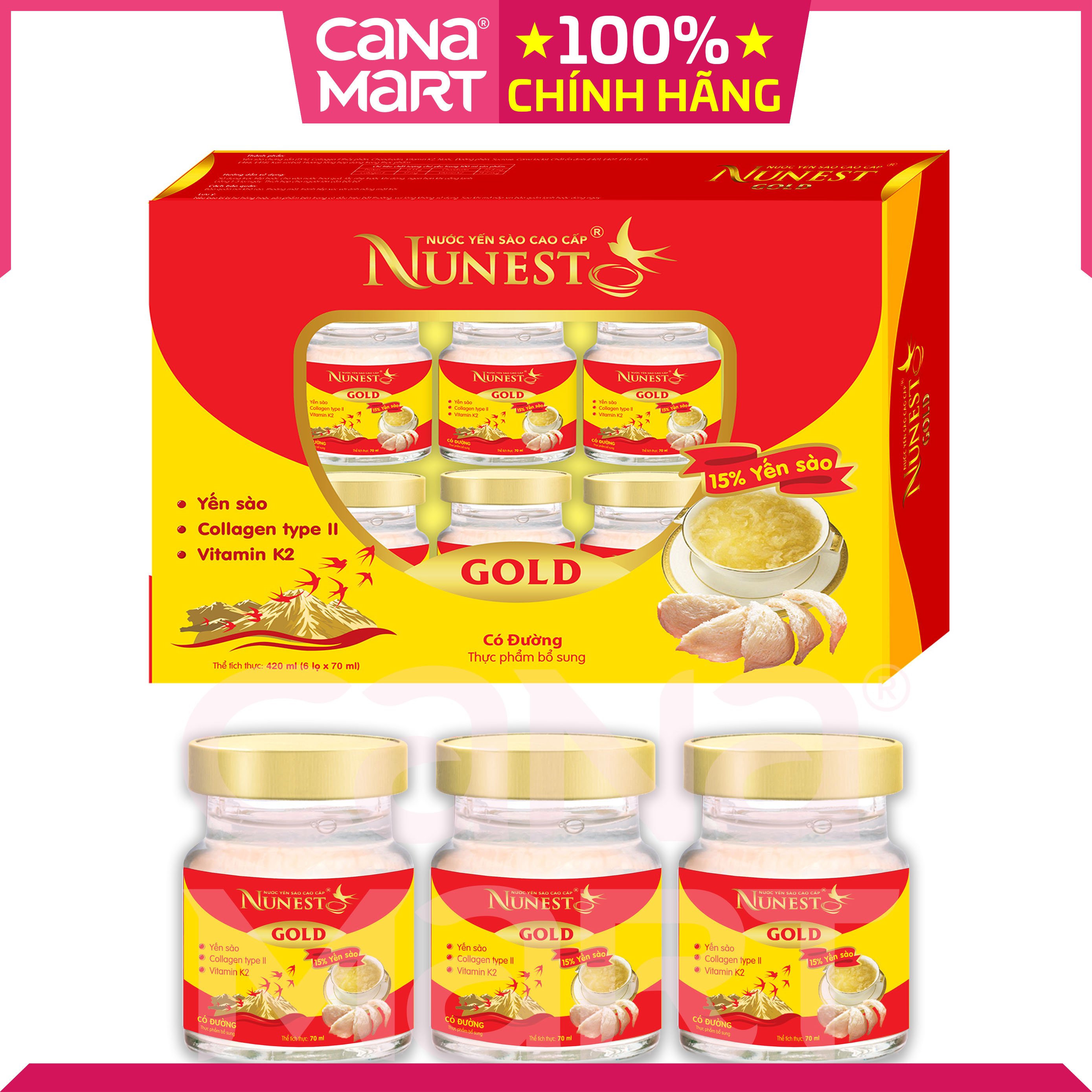 [Hộp 6 lọ x 70ml] Nước yến sào cao cấp Nunest Gold bồi bổ sức khỏe