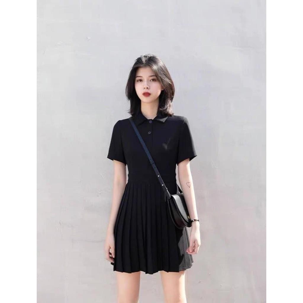 VÁY ĐEN CỔ ĐỨC CHÂN XẾP LY CHO NỮ