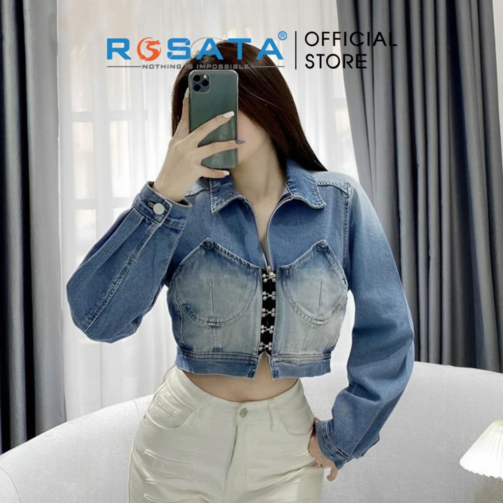 Áo khoác nữ ROSATA K17 croptop jeans túi hộp tay dài cao cấp Freesize khóa dây kéo thoáng mát xuất xứ Việt Nam