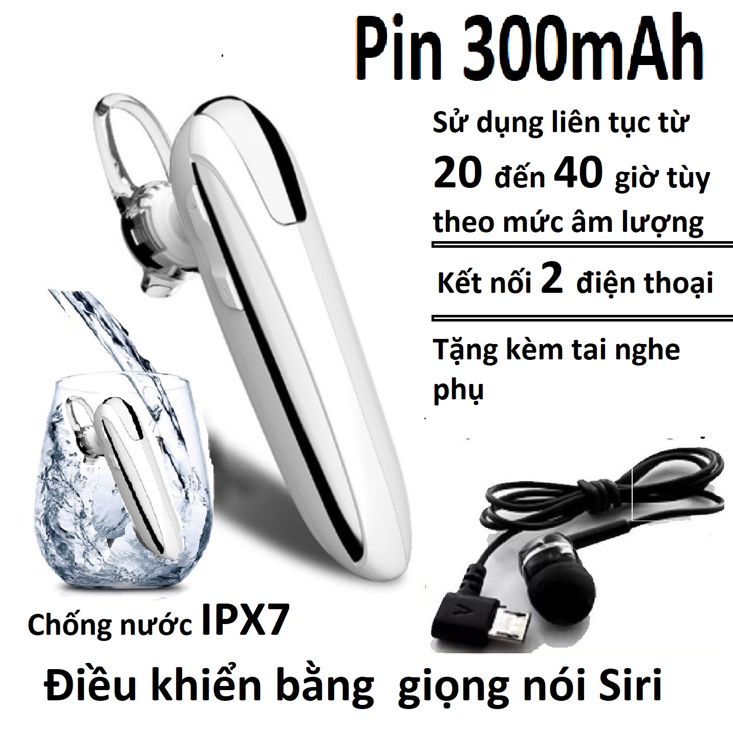 Tai nghe bluetooth.Tai nghe bluetooth khong day X8 chip 5.0 ,kết nối 2 điện thoại, chống nước , pin 300mAh,chờ dài 90 ngày nghe nhạc đàm thoại liên tục từ 20 đến 40 giờ.