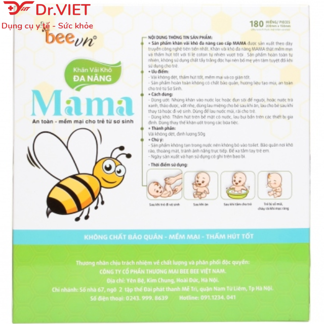 Khăn vải khô đa năng Mama thương hiệu BeeVn Chính hãng (15 x 20cm) - khăn vải không dệt mềm mịn và thấm hút tốt, an toàn dịu nhẹ cho bé