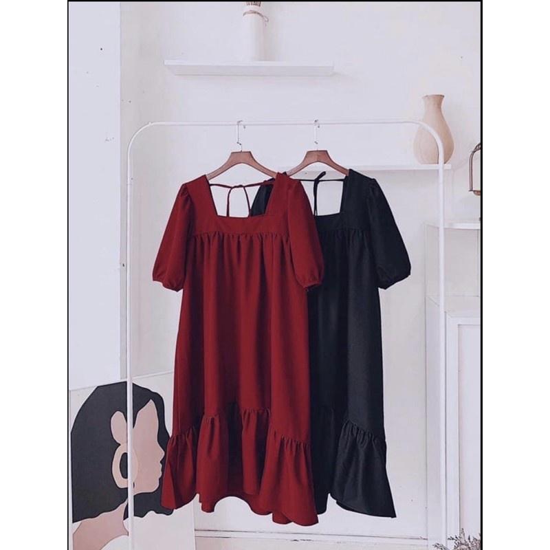 Váy maxi chất đũi freesize đuôi cá dáng rộng buộc dây sau - Đầm bầu from rộng hai màu đen, đỏ