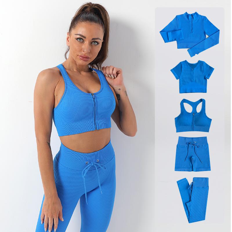 2/3/5PC Bộ đồ thể thao nữ Bộ đồ tập Yoga liền mạch Tập luyện Đồ thể thao Tập gym Quần áo dây rút Quần legging cạp cao Tập thể dục Bộ đồ thể thao Color: Shirts PantsBlack Size: S
