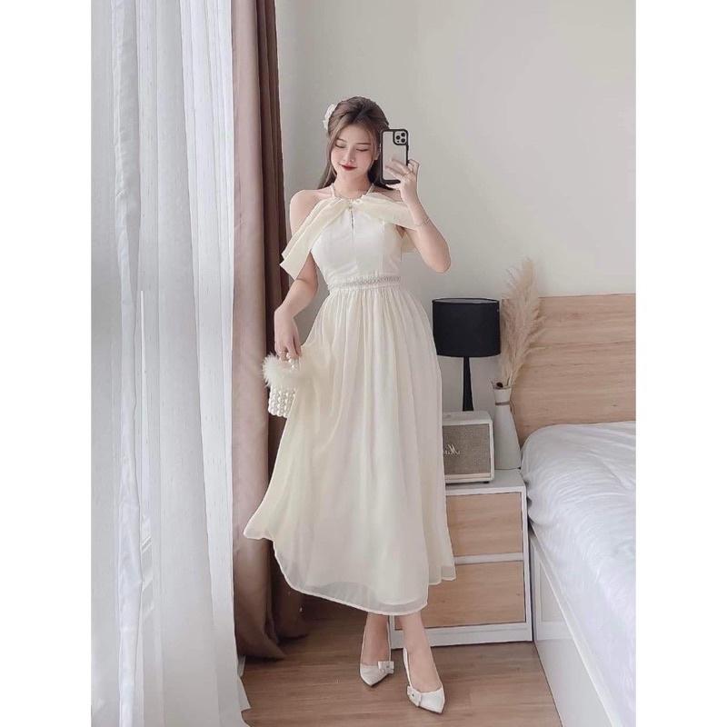 Váy đầm nữ màu trắng dự tiệc dáng xòe cổ tròn đính cườm kiểu trễ vai cực duyên dáng và thanh lịch