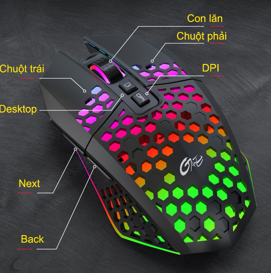 Chuột không dây chơi game X801 thiết kế độc lạ Led RGB đổi màu click chống ồn DPI 1600 