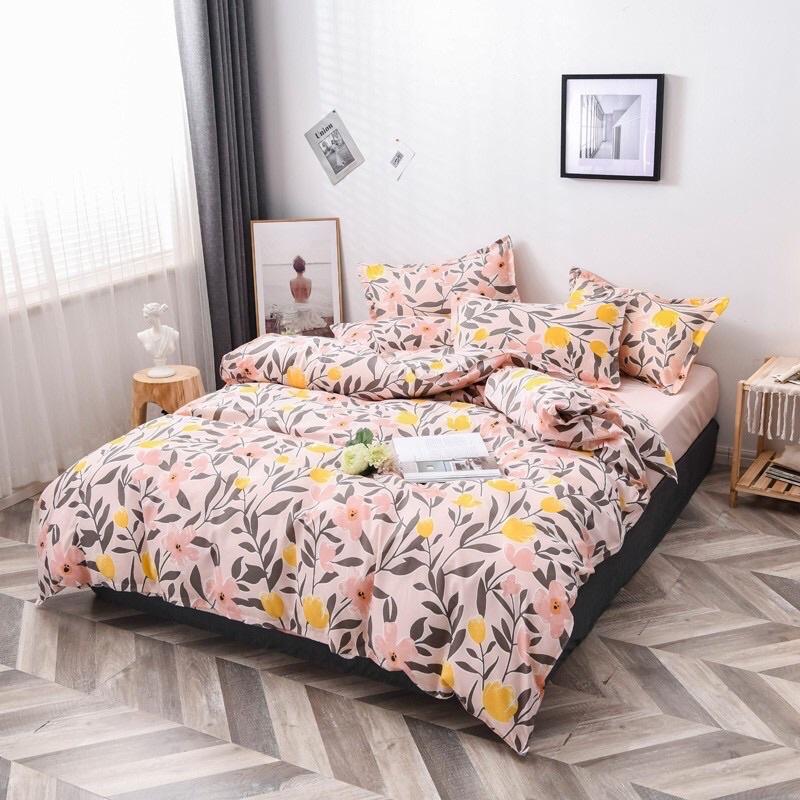 Bộ Chăn Ga Gối Cotton Poly Hoa Lá Hồng