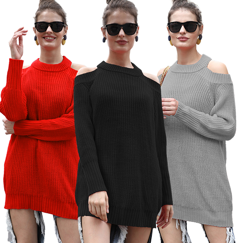 Women Sweater Solid Color Off-the-Shoulder Long Sleeve Open Back Ribbed Loose Casual Streetwear