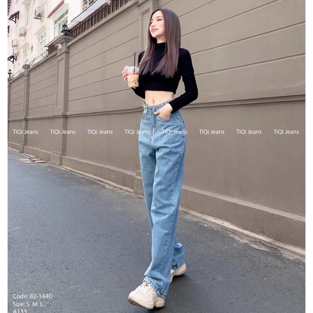 Quần Jean Nữ Ống Rộng Mã AA1 Cạp Cao Khuy Kiểu Dáng Uniex Cho Nữ