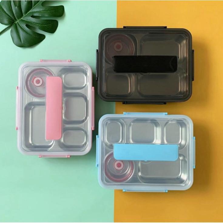 Khay Đựng Cơm Văn Phòng Inox 304 5 Ngăn Có Nắp Đậy - TẶNG Kèm Bộ Đũa Thìa Và Bát Sứ |