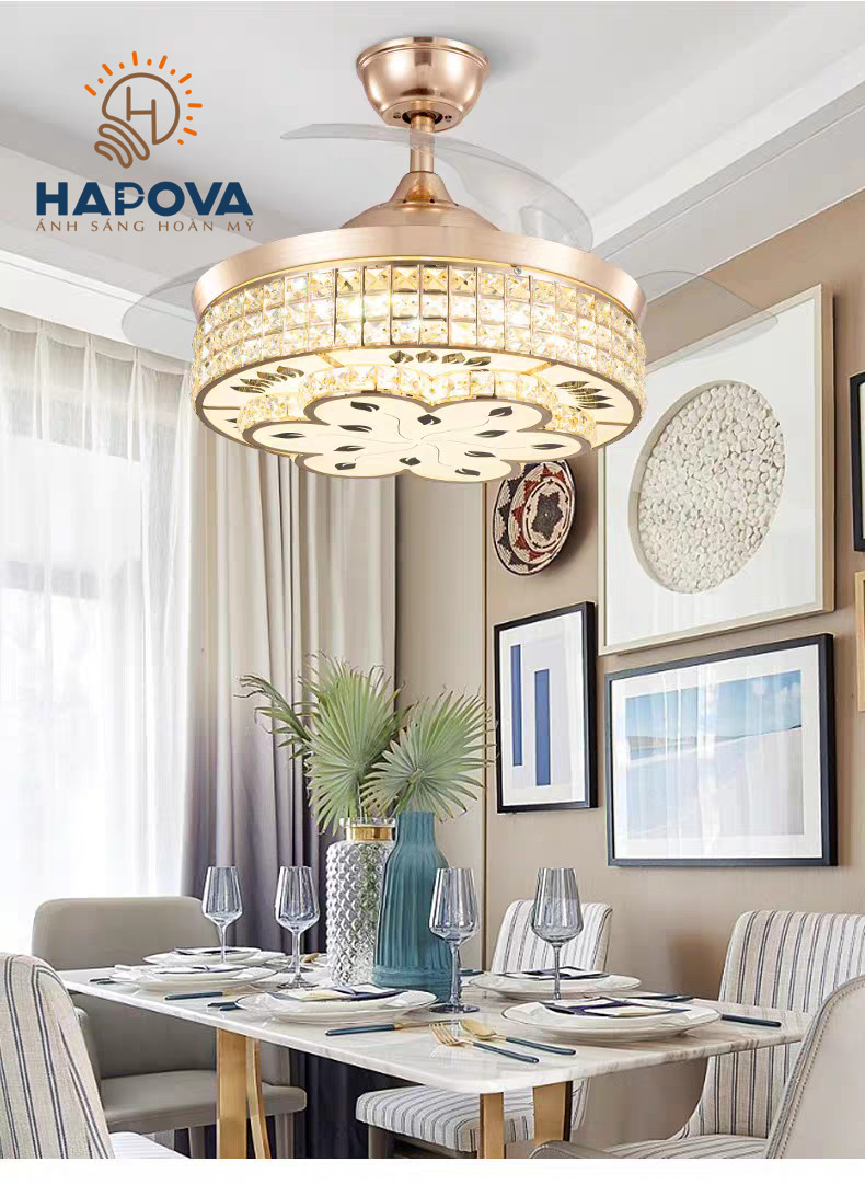 Quạt có đèn, quạt trần đèn chùm trang trí phòng khách HAPOVA ALITAR 8055 + Tặng kèm khiển hàng chính hãng