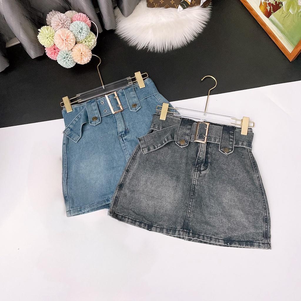 Chân Váy Jeans Nữ Dây Đai Dáng Ngắn Cạp Lưng Cao