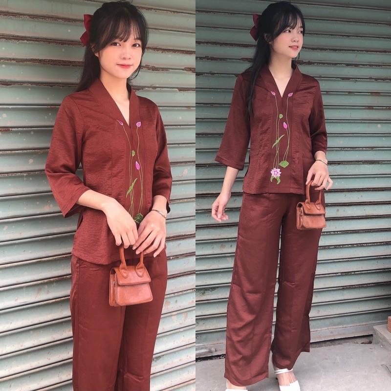 Đồ Lam Đi Chùa Bà Lai Thêu Lụa Pháp Cao Cấp Đồ Bộ Nữ - Quần Áo - Cau Khô, Size 4 - 59Kí Trở Lại