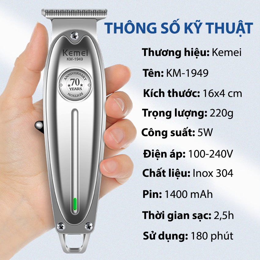 Tông đơ chấn viền Kemei-1949 cao cấp sử dụng đầu sạc USB tiện lợi, toàn thân là hợp kim nhôm không gỉ chuyên dụng bấm viền, khắc tóc, cạo trọc