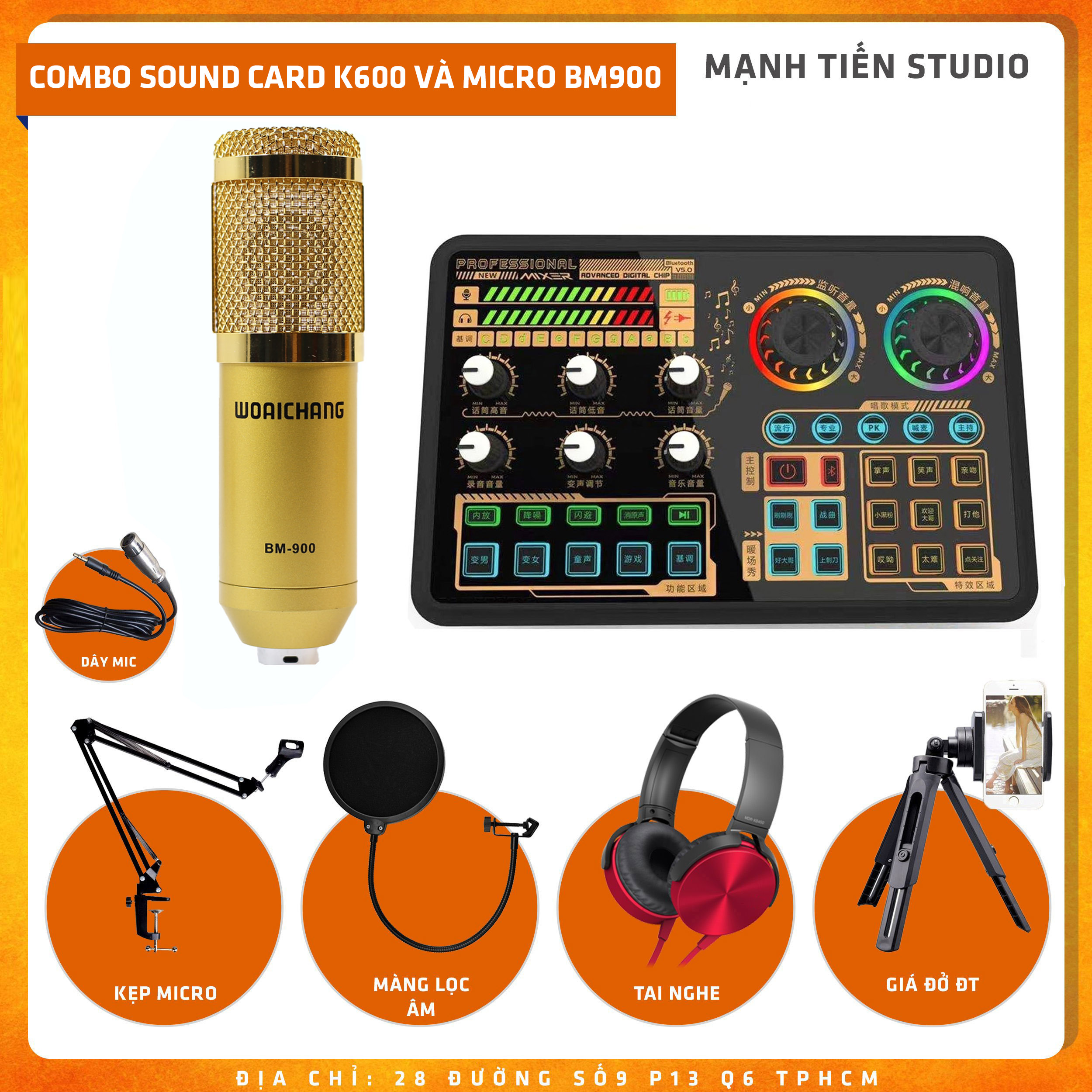 Bộ Combo livestream, thu âm Woaichang BM900 Sound card K600 - Kèm Full Phụ Kiện Kẹp Micro, Màng Lọc, Tai Nghe Chụp Tai, Giá Đỡ Đt - Thu Âm, Livestream, Karaoke Online Chuyên Nghiệp - Hàng nhập khẩu