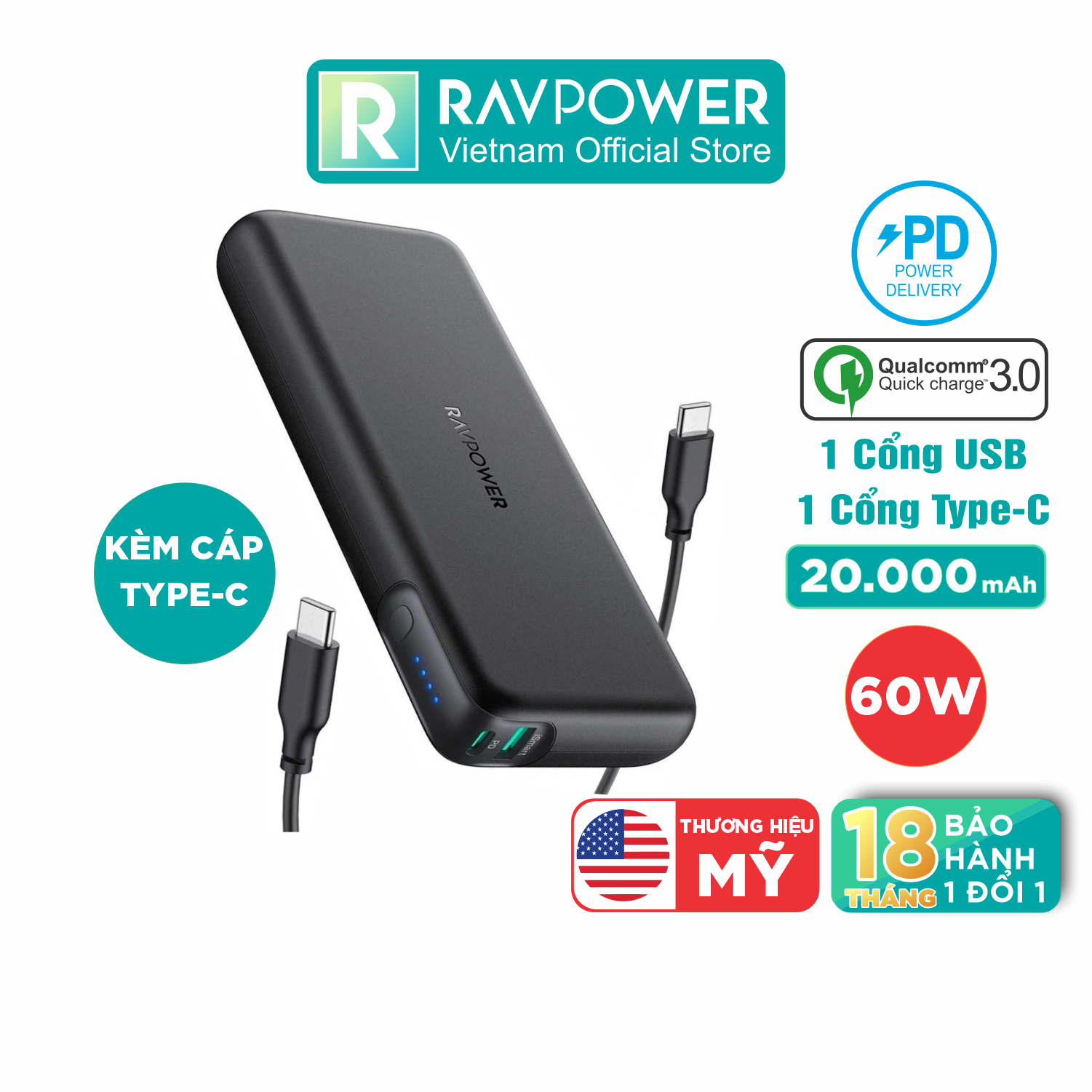 Pin Sạc Dự Phòng RAVPower 20000mAh Quick Charge 3.0 + PD 60W, In/Out Type-C, Sạc Được Macbook - RP-PB201 - Hàng Chính Hãng