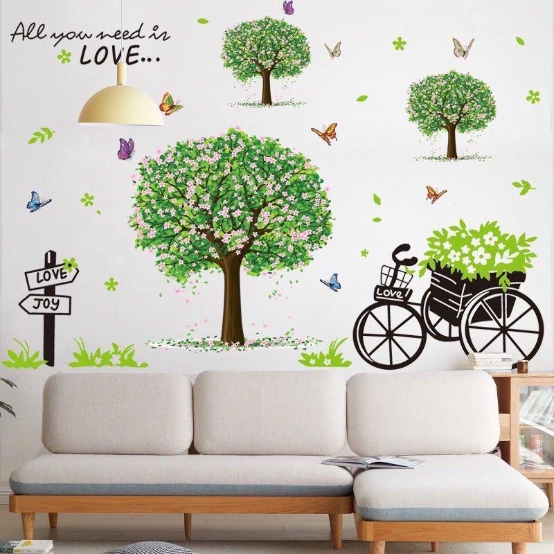 Decal dán tường xe đạp và ba cây xanh