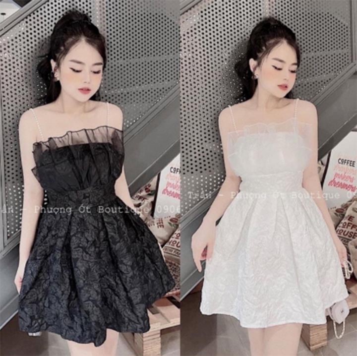 Váy -Đầm tiểu thư, đầm xốp hoa phối bèo hai dây ngọc hàng phi size 40_55kg 1 lớp.