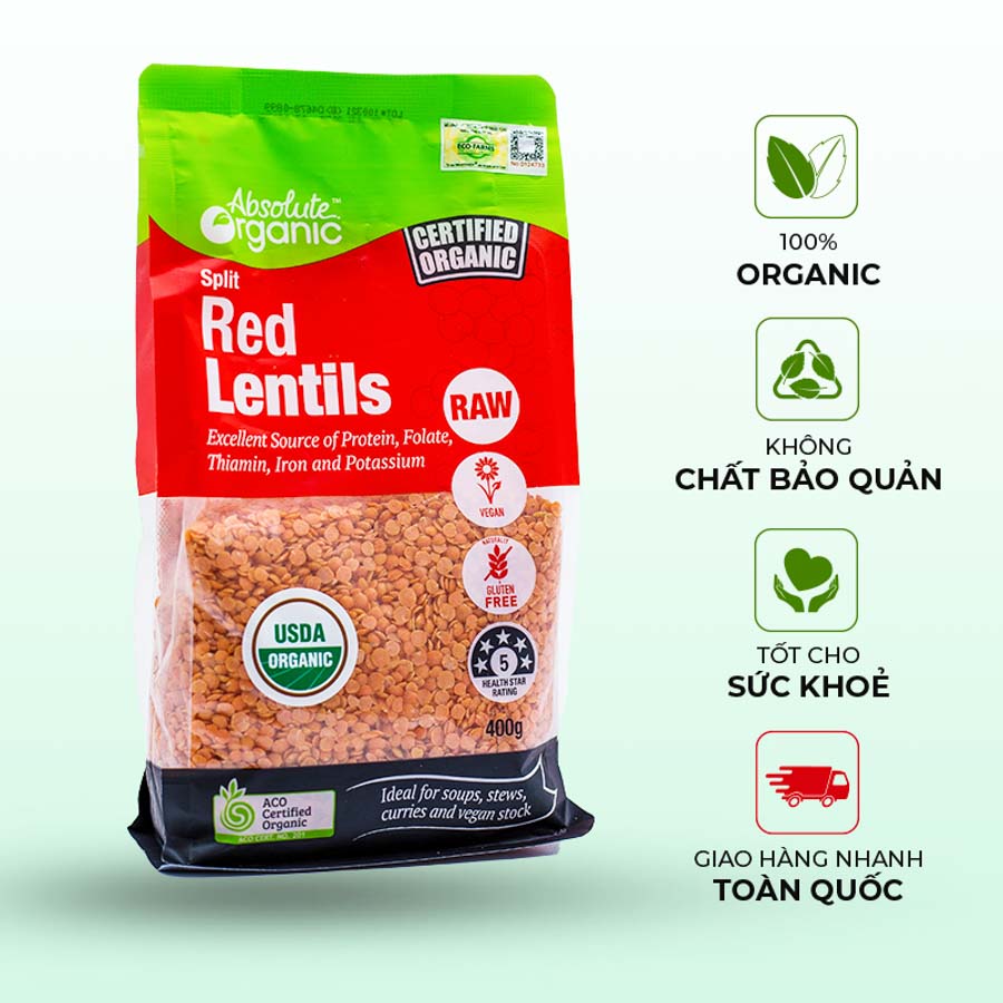 Đậu lăng đỏ Úc Red Lentils Absolute Organic túi 400g