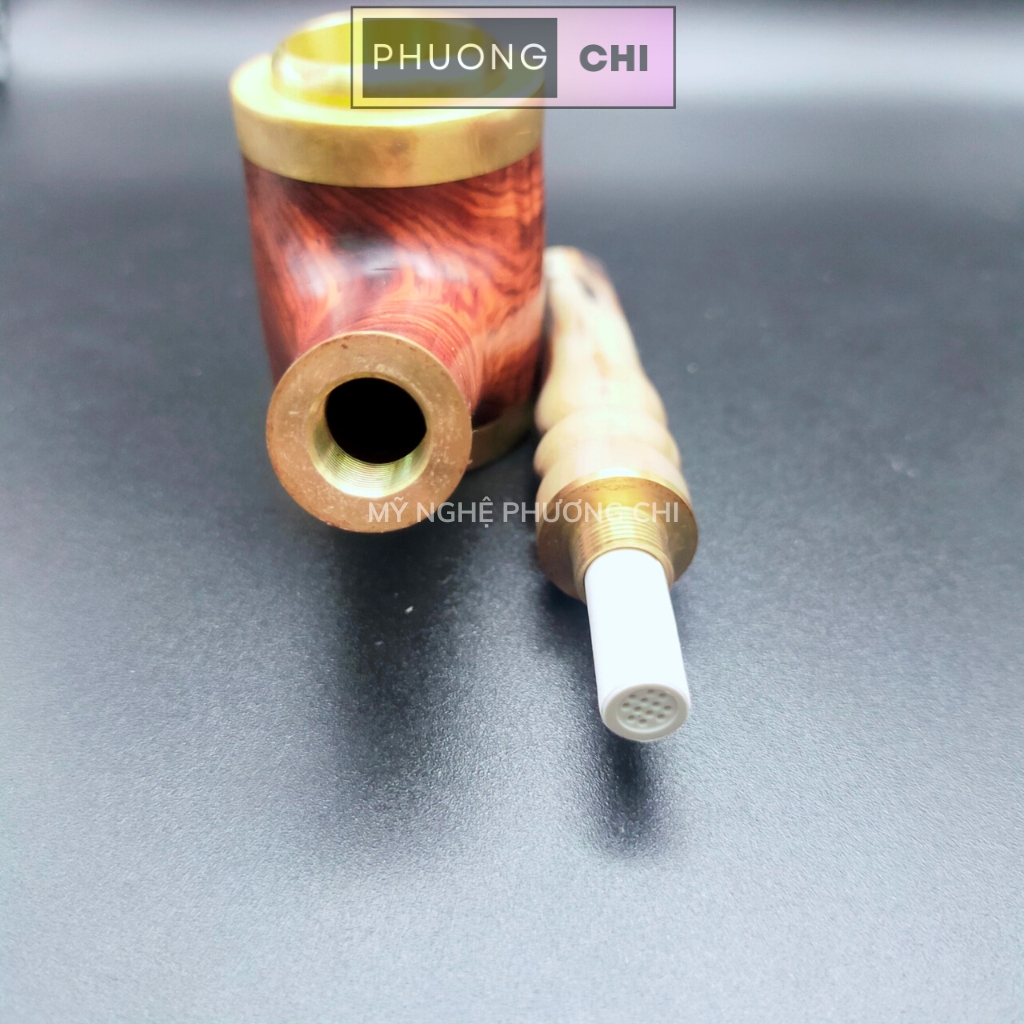 Tẩu Bắt Tóp Xì_Gà bằng sừng nối gỗ trắc đầu đồng cao cấp có 4 vòng ring 42-60 | Mỹ Nghệ Phương Chi