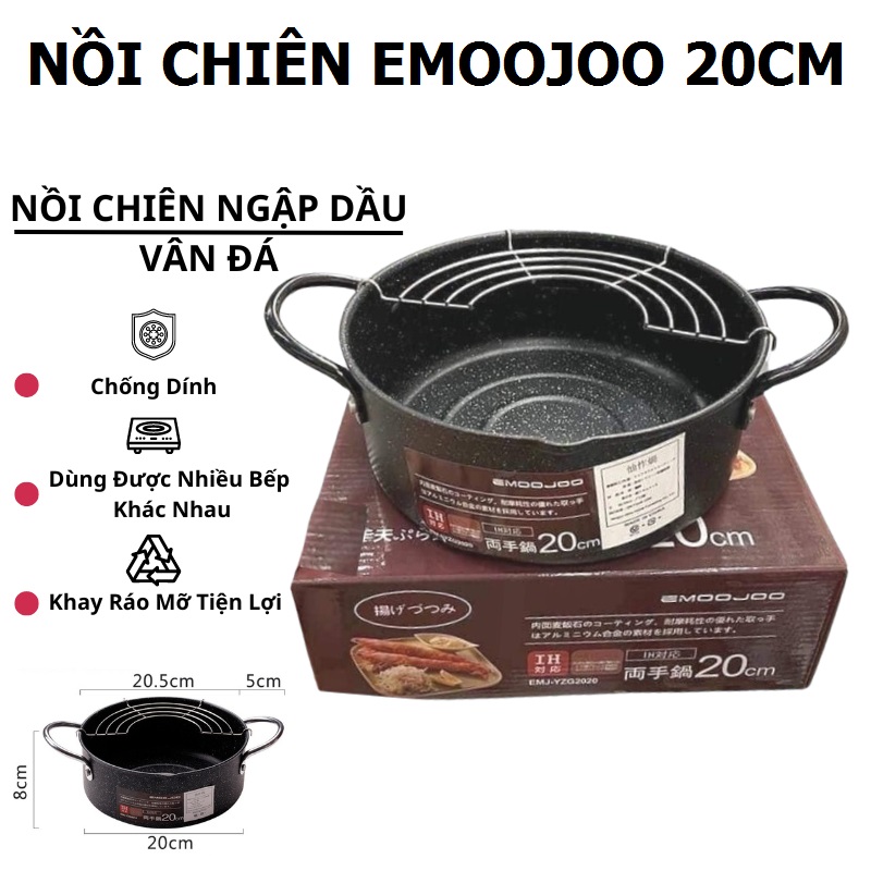 Nồi chiên/rán ngập dầu chống dính kèm khay ráo dầu có tay cầm 20cm Nhật Bản, sử dụng được trên mọi loại bếp từ, gas, hồng ngoại, Hàng chính hãng Model EmooJooKittchen