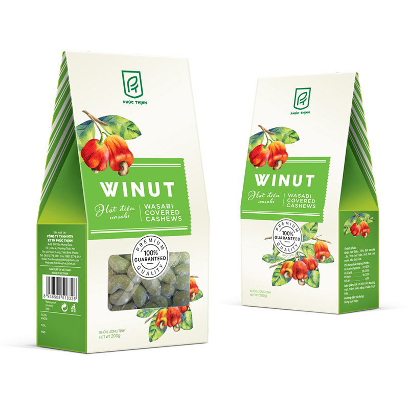 Hạt Điều vị wasabi-Phúc Thịnh Winut,hộp giấy 200gr