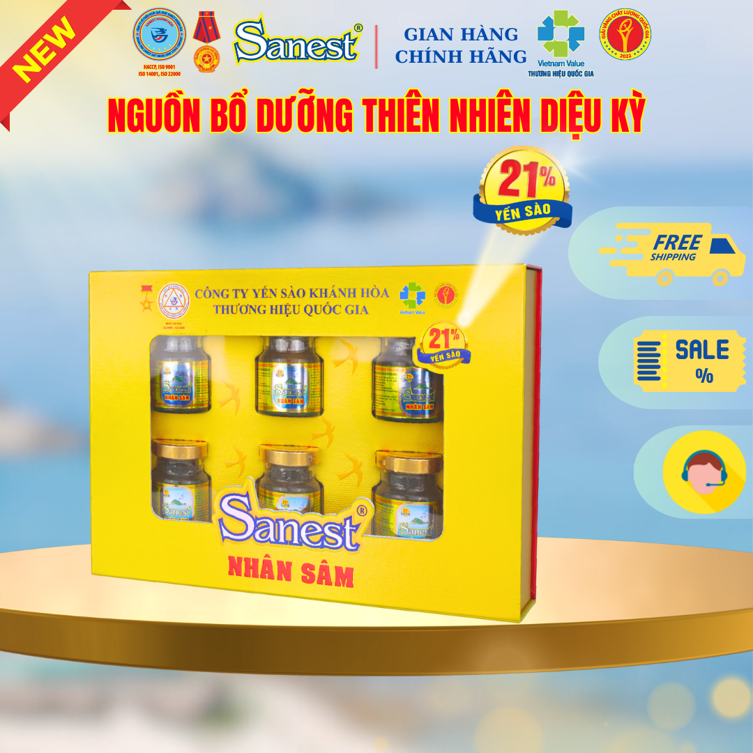 NEW [ Hộp quà tặng 6 lọ] Nước Yến sào Khánh Hòa Sanest 21% - Nhân sâm