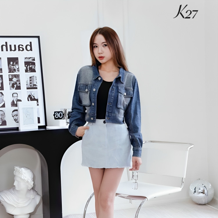 Áo khoác jeans nữ cao cấp màu xanh đậm thời trang hàng hiệu rosata k27