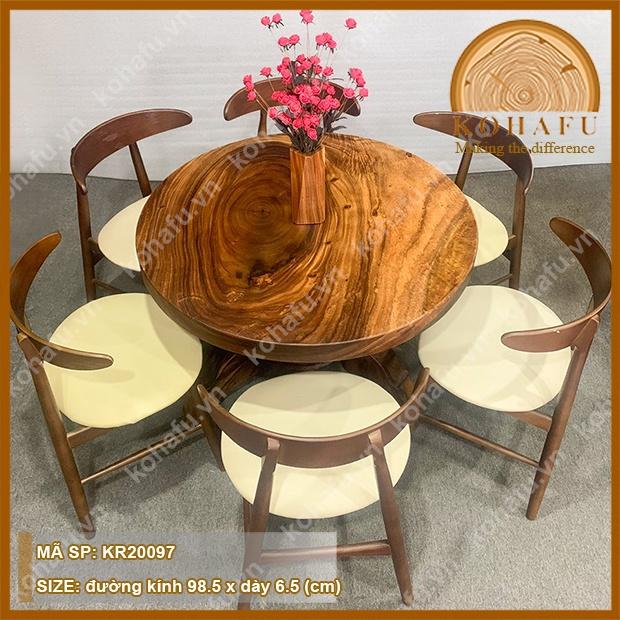 Mặt bàn tròn gỗ me tây nguyên tấm, mặt bàn ăn ngồi được 6 ghế đường kính 98.5 x dày 6.5  - KR20097