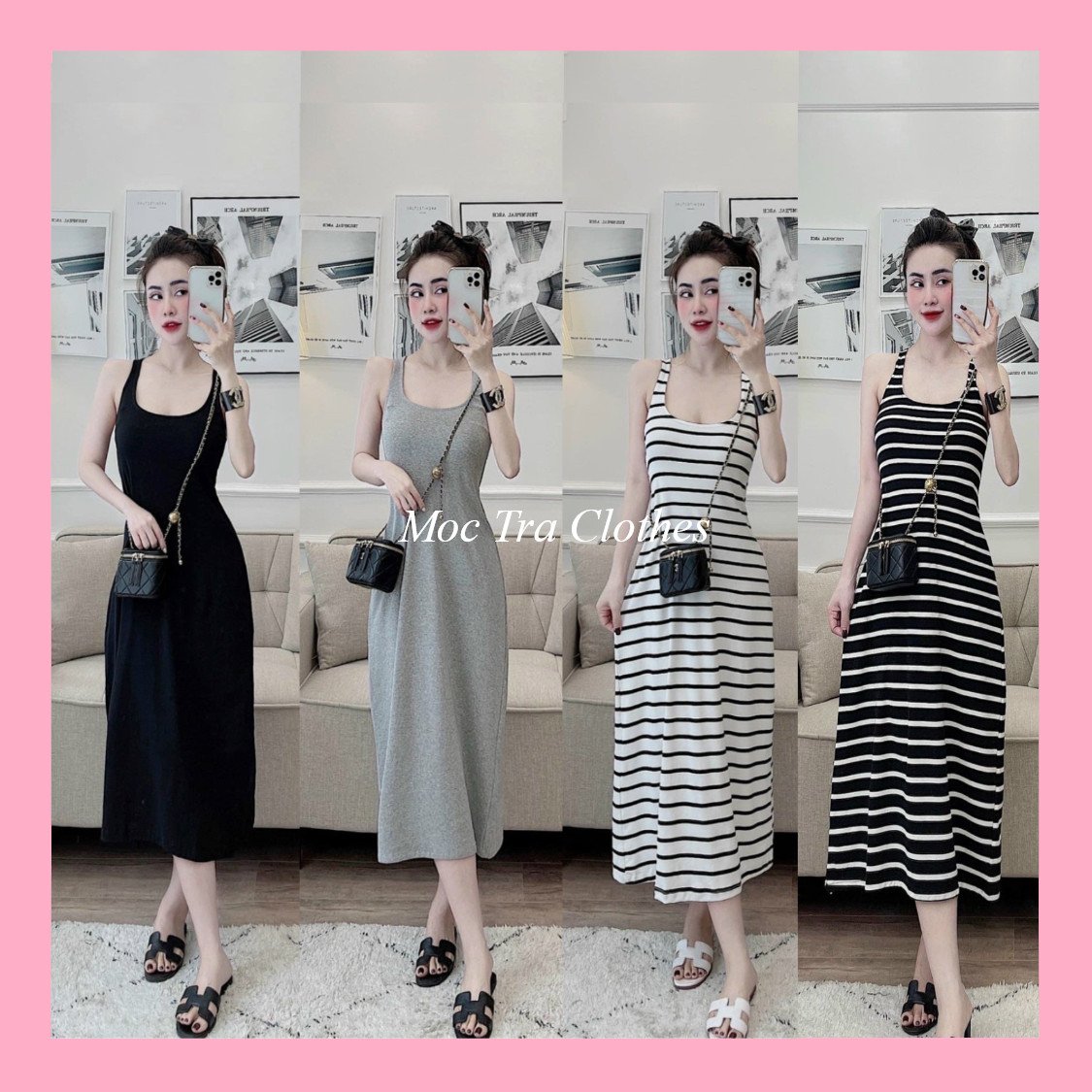 Đầm maxi nữ dáng xòe ba lỗ chất thun cotton co dãn, Váy nữ dài sát nách vintage trẻ trung rẻ đẹp