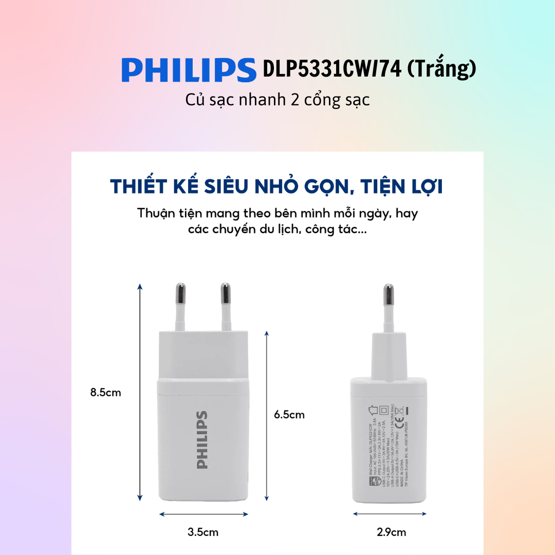 Củ sạc nhanh Philips 2 cổng sạc DLP5331CW/74 - DLP5331CB/74 - Hàng Chính Hãng