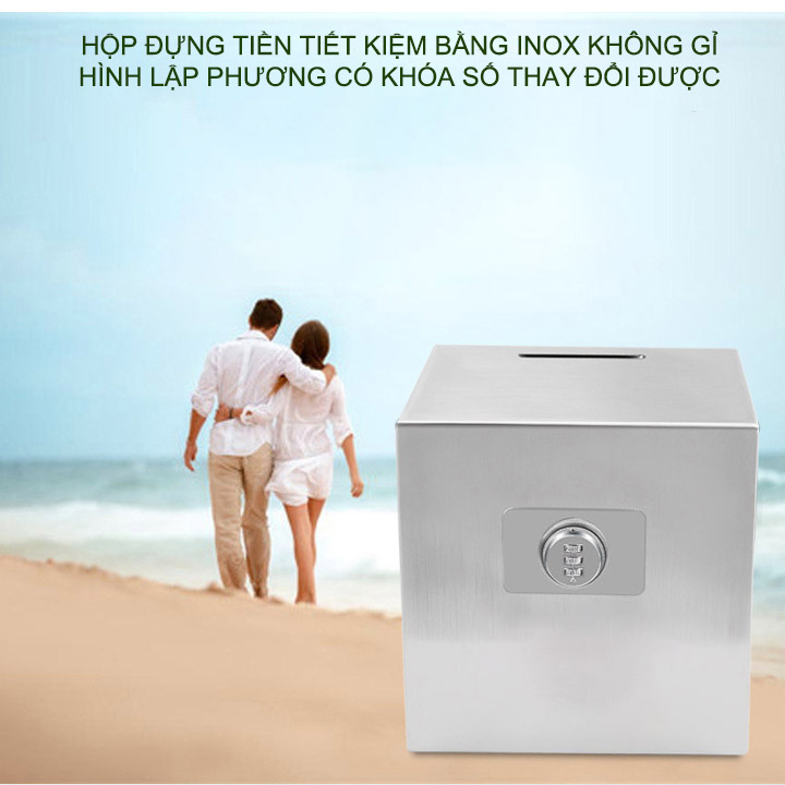 Hộp để tiền tiết kiệm trang bị khóa số thay đổi được, làm bằng inox 201, hình lập phương với nhiều kích cỡ tùy chọn