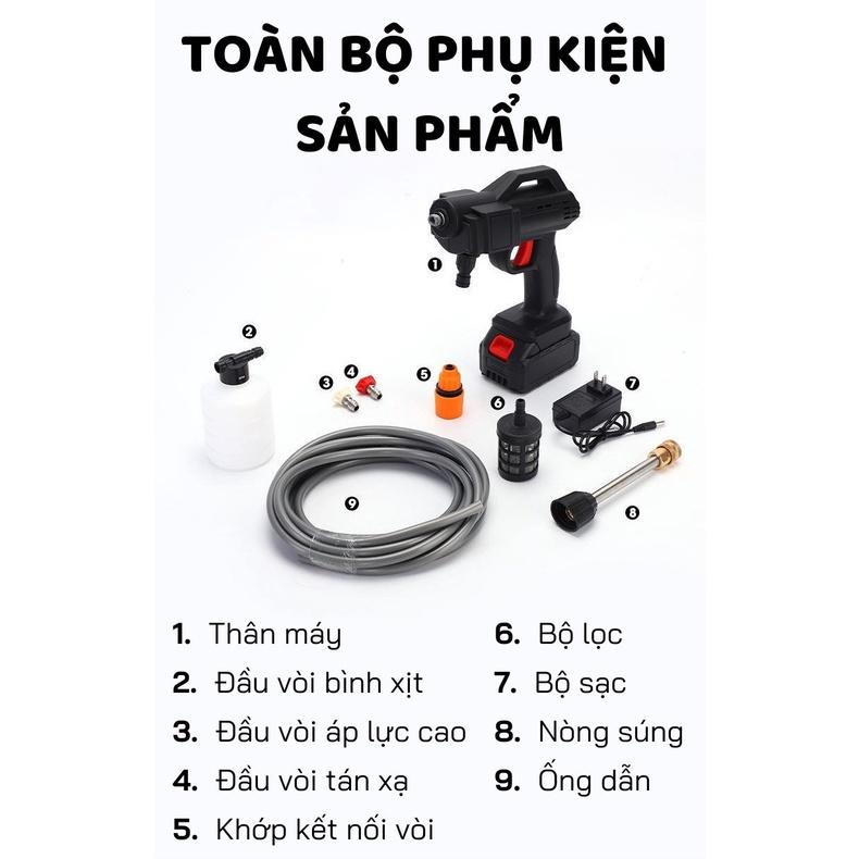 Máy Rửa Xe Dùng Pin Mini Chân Pin Phổ Thông Máy Rửa Xe Tăng Áp Công Suất 1500W Nhỏ Gọn Tiện Lợi