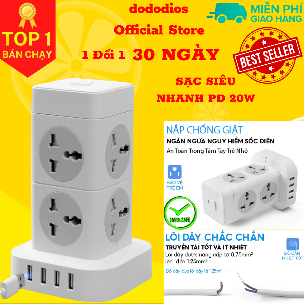 combo 2 Ổ cắm điện đa năng có sạc nhanh PD 20W cổng USB + typeC, 4-8 lỗ cắm tải 2500W an toàn chống giật, chịu nhiệt - Chính hãng dododios