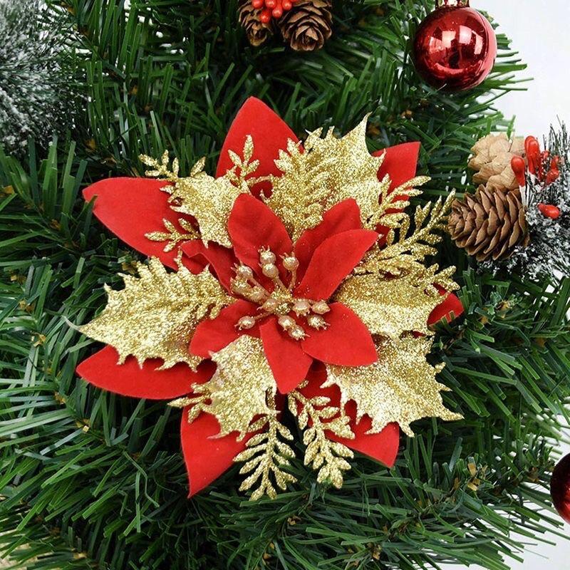 Tết Noel hoa trạng nguyên side to 15cm kim tuyến phối vải lụa trang trí Noel lẵng hoa quả tết